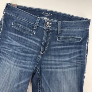 Ariat Denim Trouser Jeans Womens 34S Medium Wash Wide Leg 5 pocket Cross stitch